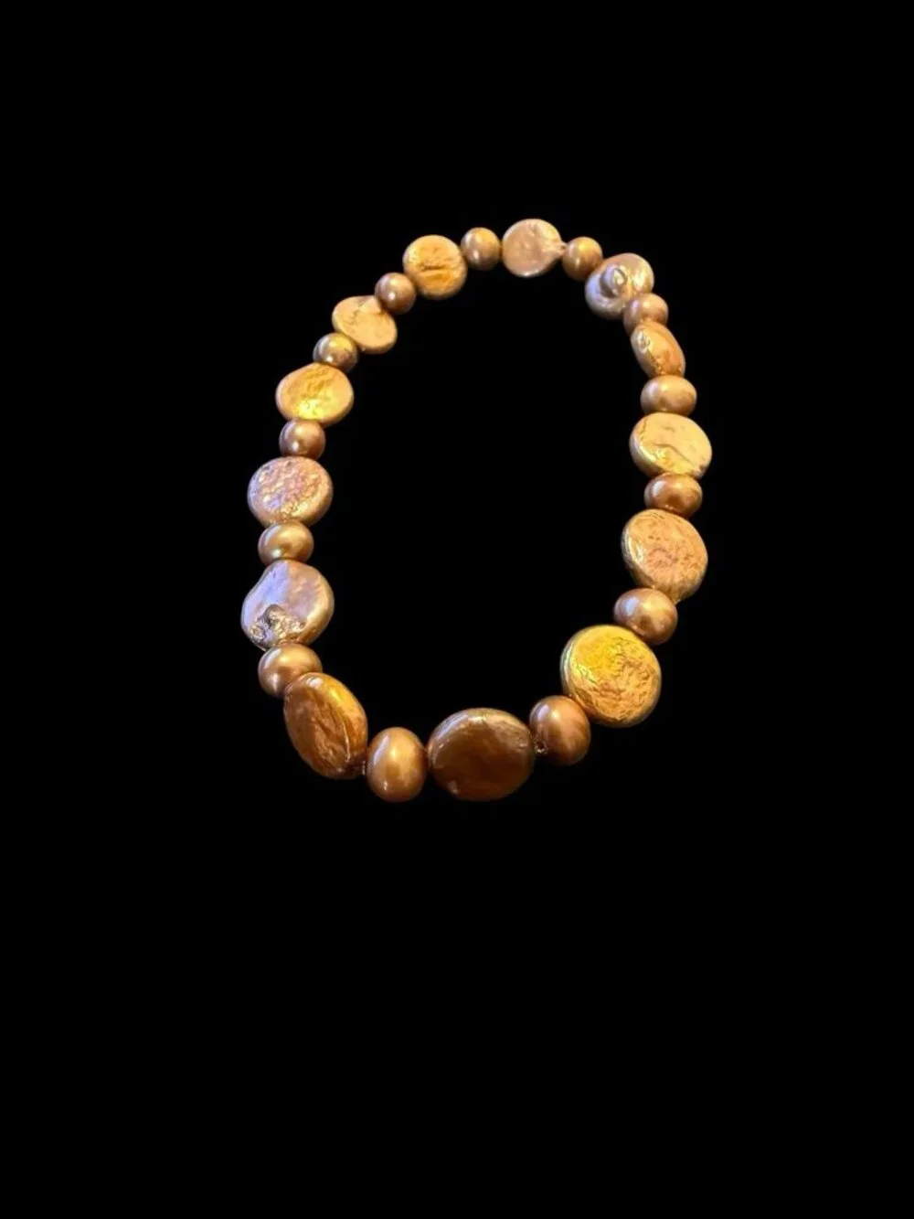 Artisan Metallic Gold Coin Pearl Stretch Bracelet Cultured Freshwater Beaded